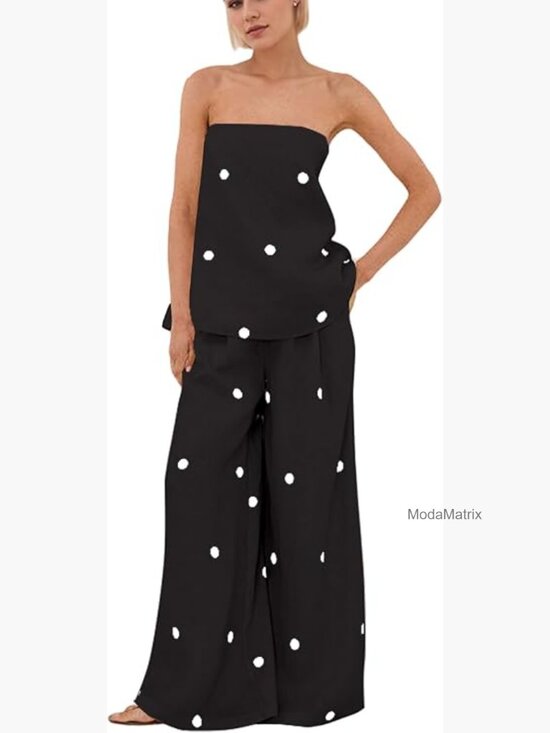 Pants - Strapless Tube Top Wide Leg Pants Set Polka Dot Casual Lounge